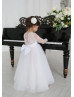 Long Sleeve White Lace Tulle Buttons Back Flower Girl Dress